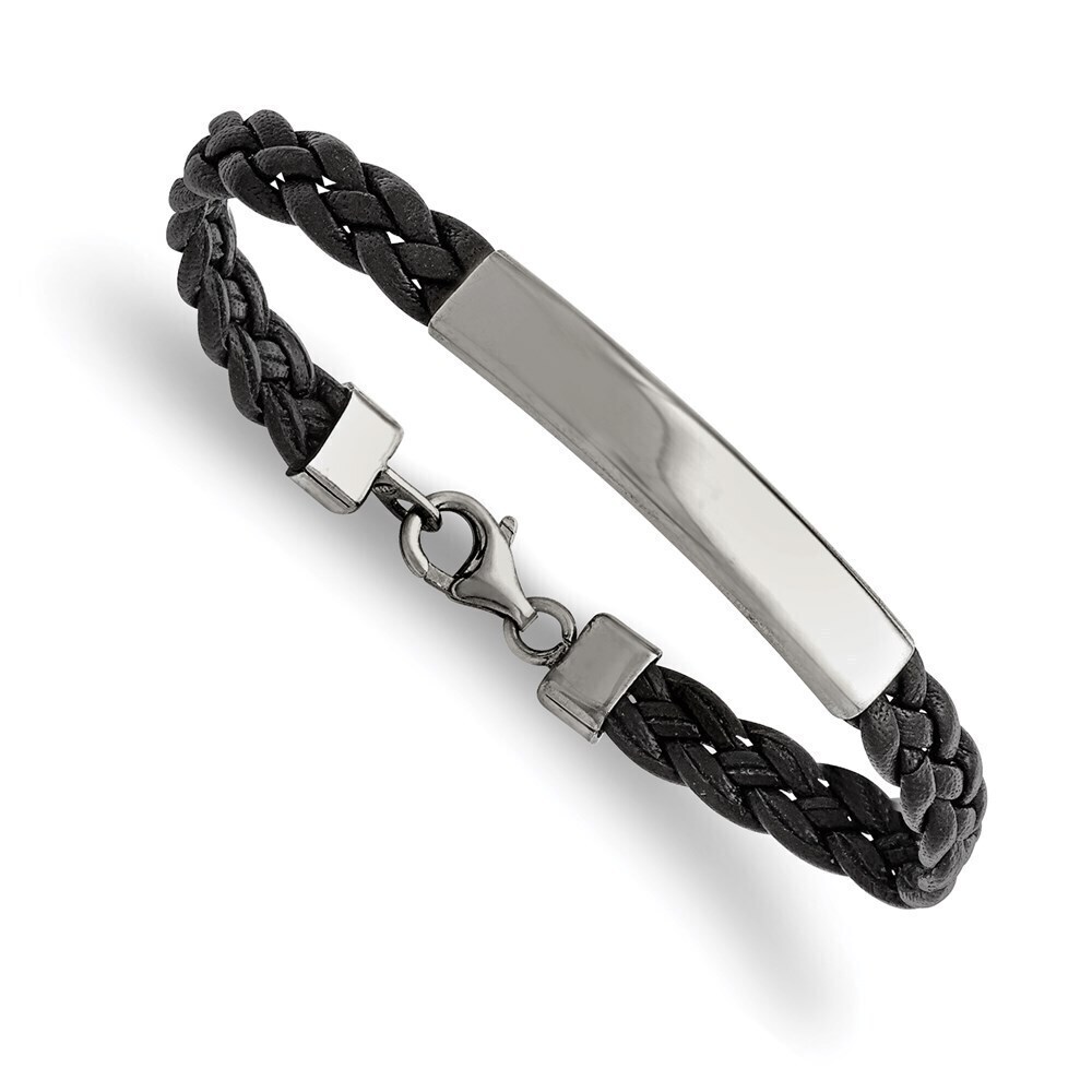 Kazi Luxury Stainless Steel Polished Black Leather 8in ID Bracelet